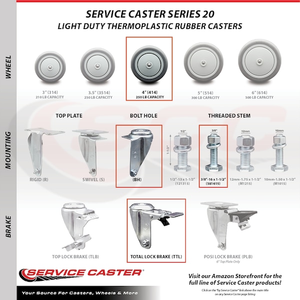 Service Caster 4 Inch Thermoplastic Rubber Swivel 3/8 Inch Stem Caster Total Lock Brake, 2PK SCC-TSTTL20S414-TPRB-381615-2-S-2 - main